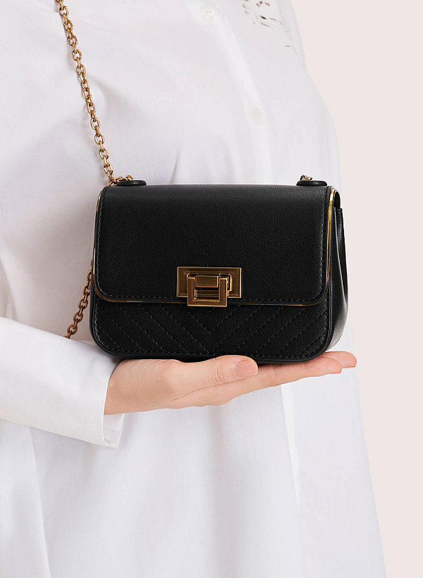 Metallic Edge Flap Crossbody Bag - MES 0222 - Black