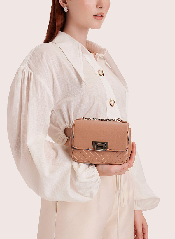 Metallic Edge Flap Crossbody Bag - MES 0222 - Dark Beige
