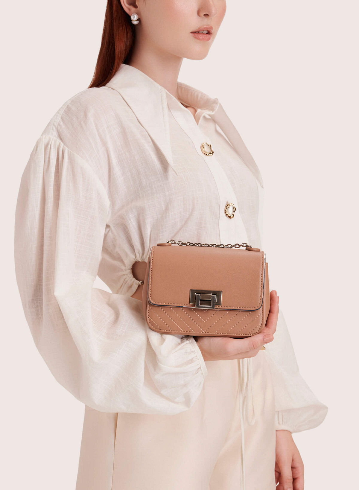 Metallic Edge Flap Crossbody Bag - MES 0222 - Dark Beige - vascara.com