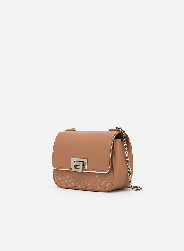 Metallic Edge Flap Crossbody Bag - MES 0222 - Dark Beige - VASCARA