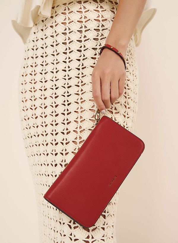 Rivet Décor Chain Handle Zip-Around Clutch - WLL 0258 - Dark Orange