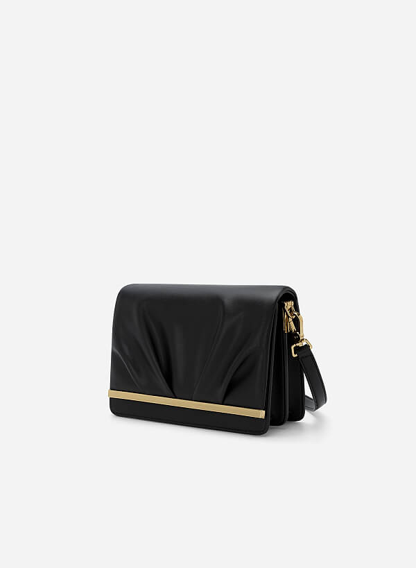 Ruched Flap Shoulder Bag - MES 0217 - Black - VASCARA