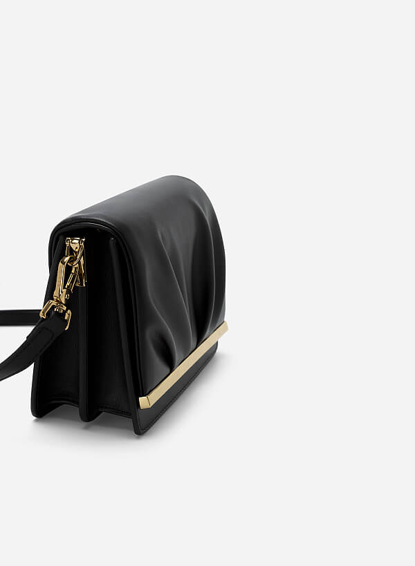 Ruched Flap Shoulder Bag - MES 0217 - Black - VASCARA