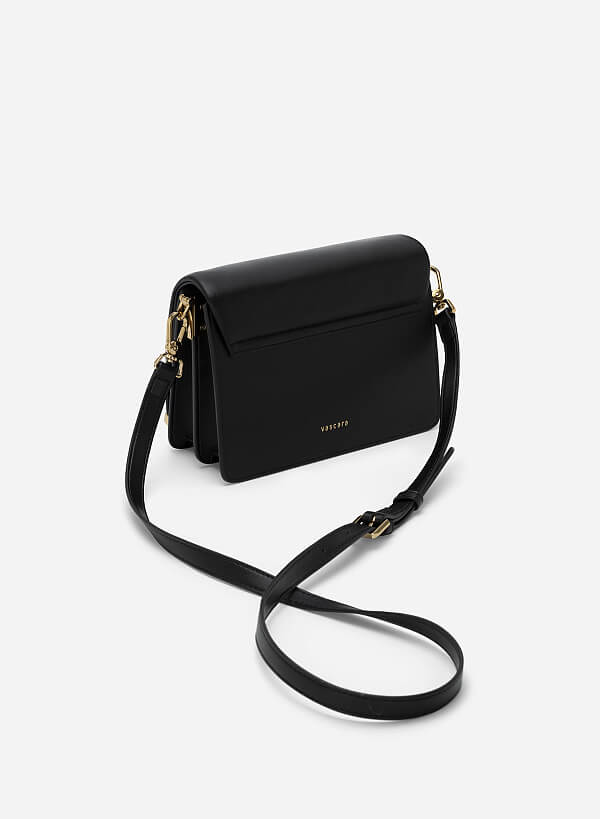 Ruched Flap Shoulder Bag - MES 0217 - Black - VASCARA