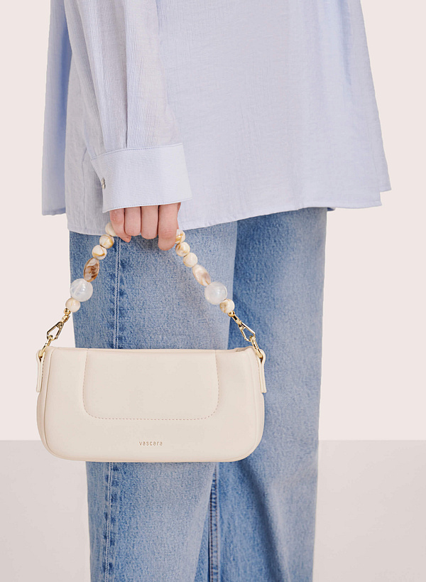 Stone Beaded Handle Handbag - TTE 0109 - Cream
