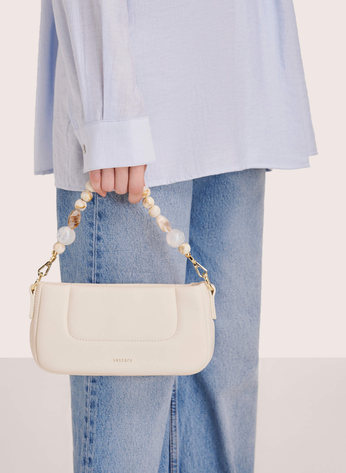 Stone Beaded Handle Handbag - TTE 0109 - Cream - vascara.com