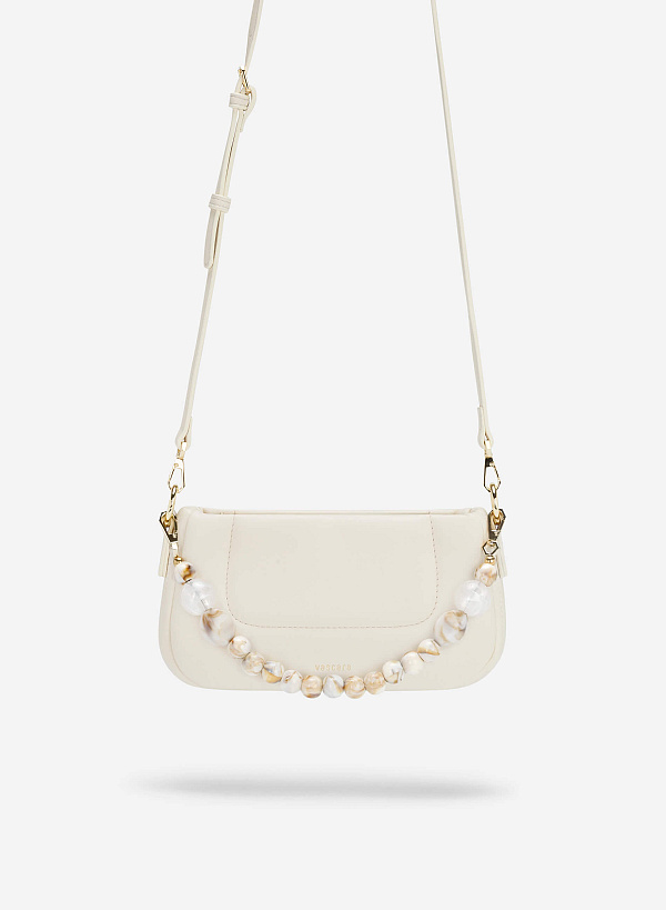 Stone Beaded Handle Handbag TTE 0109 Cream VASCARA