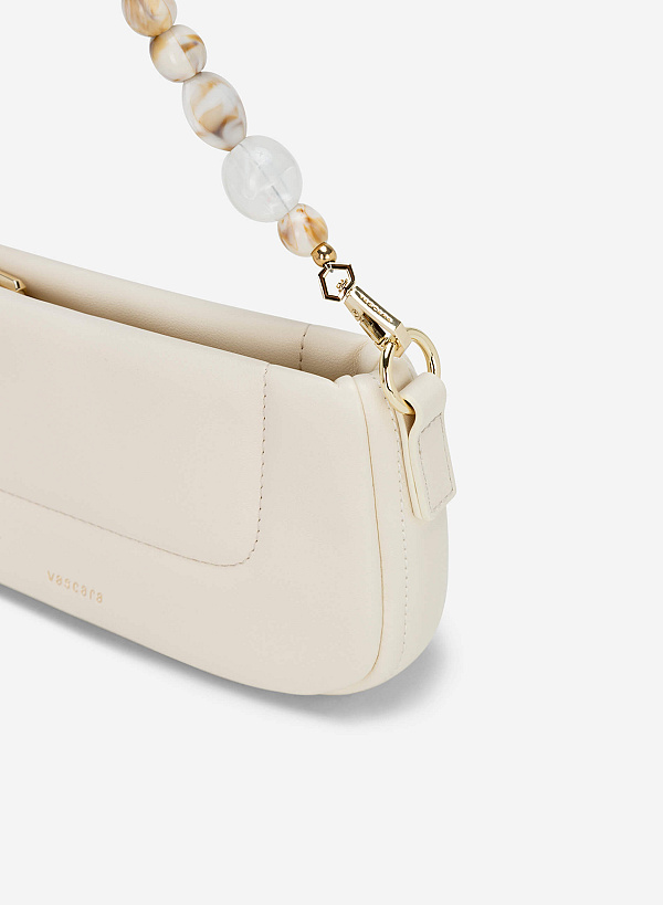 Stone Beaded Handle Handbag - TTE 0109 - Cream - VASCARA