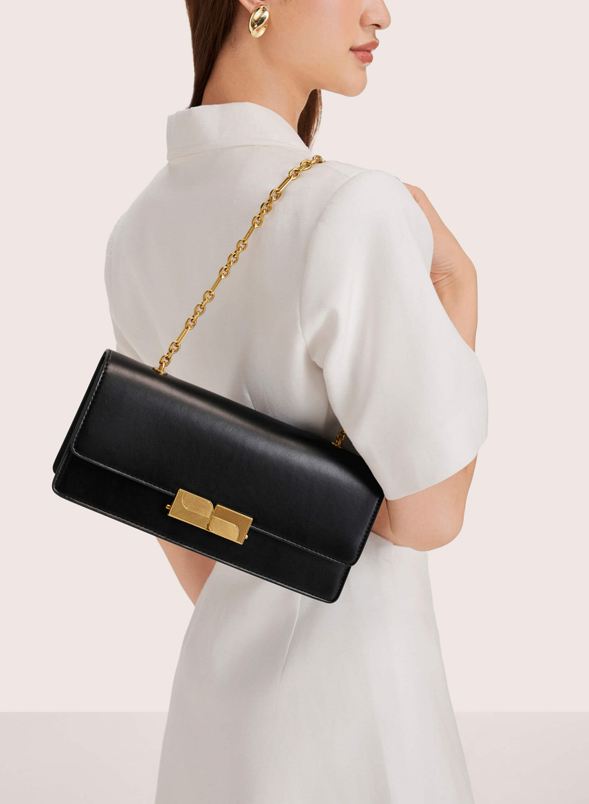 Stripe Décor Metal Lock Handbag - SAC 0315 - Black - vascara.com