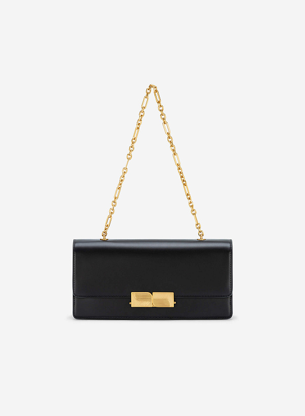 Stripe Décor Metal Lock Handbag - SAC 0315 - Black - VASCARA