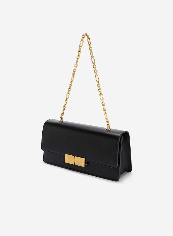 Stripe Décor Metal Lock Handbag - SAC 0315 - Black - VASCARA