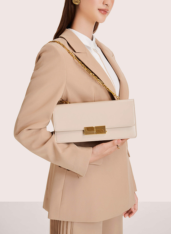 Stripe Décor Metal Lock Handbag - SAC 0315 - Cream - VASCARA