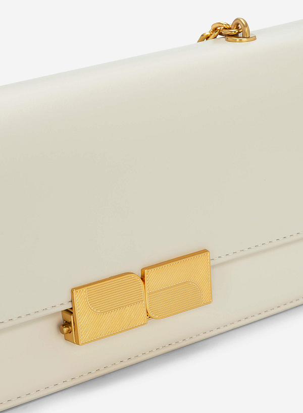 Stripe Décor Metal Lock Handbag - SAC 0315 - Cream - VASCARA