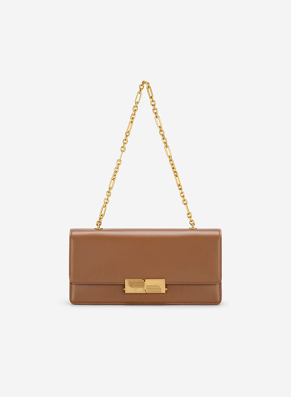 Stripe Décor Metal Lock Handbag - SAC 0315 - Dark Brown - VASCARA