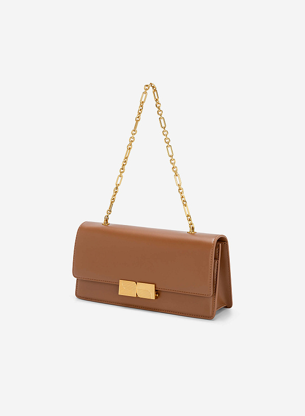Stripe Décor Metal Lock Handbag - SAC 0315 - Dark Brown - VASCARA