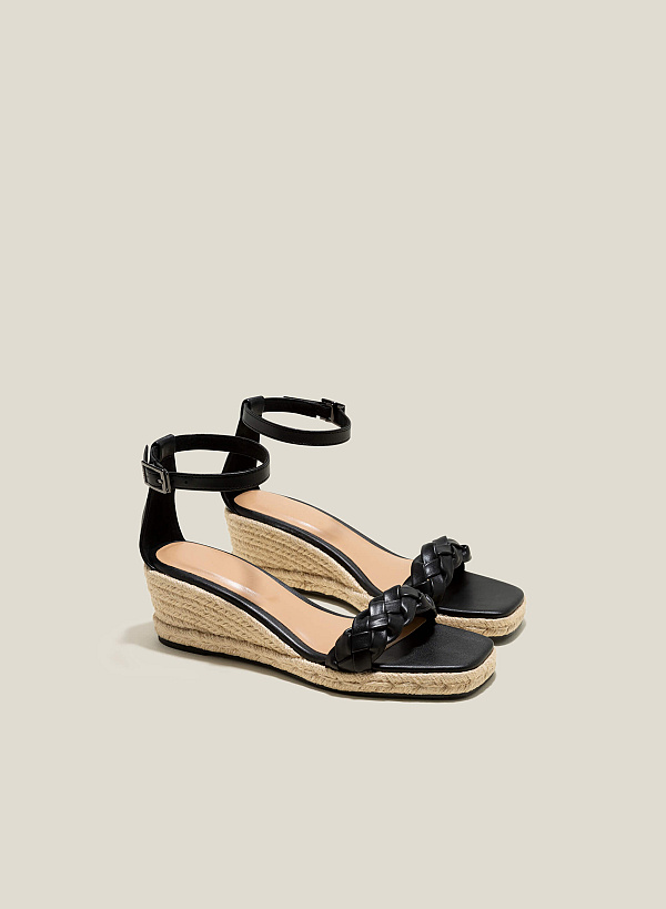 Giày sandal xuồng phối cói nhấn quai đan - SDX 0441 - Màu đen - VASCARA