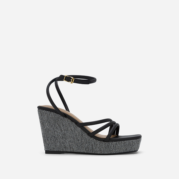 Skinny Strap Wedge Heel Sandals - PLA 0435 - Black | VASCARA