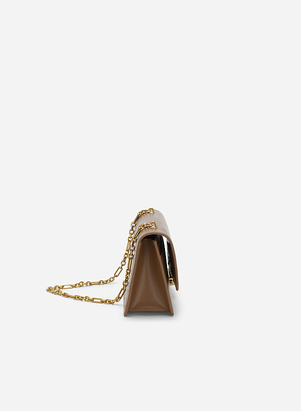 Stripe Décor Metal Lock Handbag - SAC 0315 - Dark Brown - VASCARA