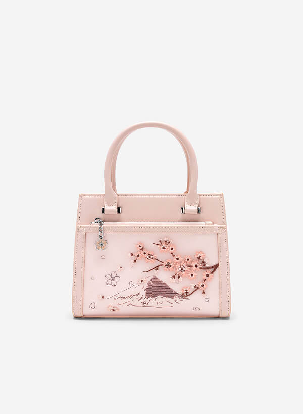 Túi tote xách tay họa tiết thêu sakura - TOT 0113 - Màu hồng nhạt - VASCARA