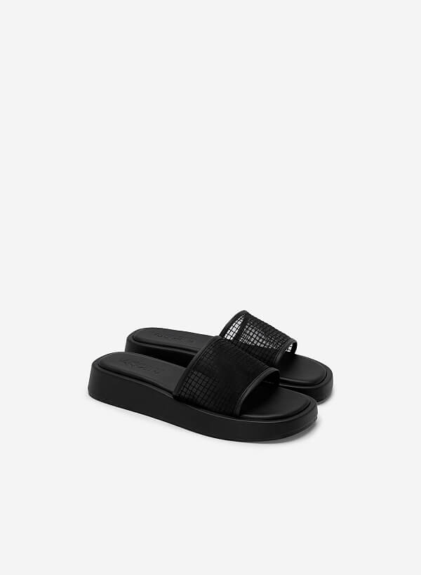 Dép platform quai ngang phối lưới caro - DXP 0193 - Màu đen - VASCARA