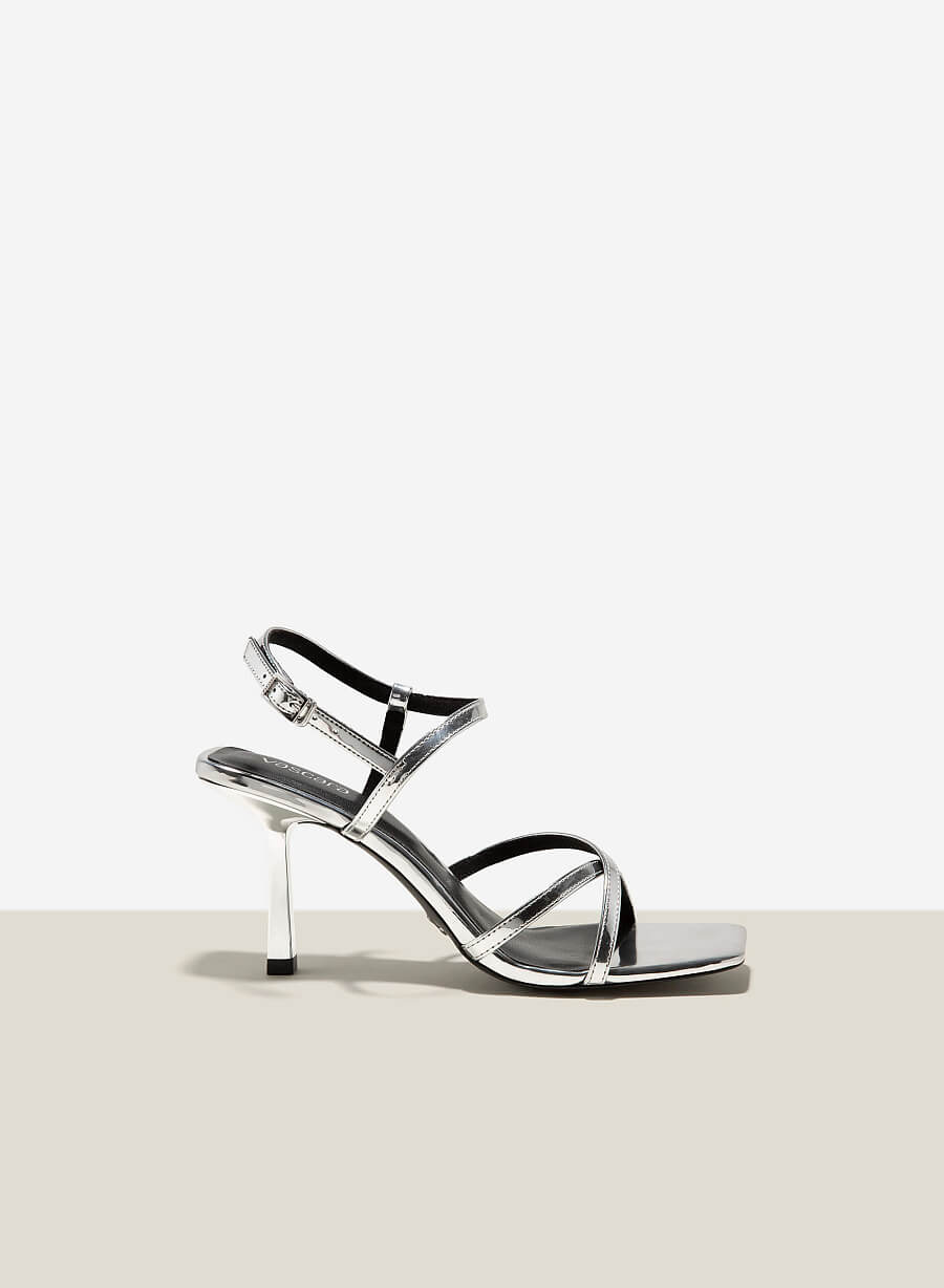Giày sandal quai mảnh nhấn gót hiệu ứng metallic - SDN 0754 - Màu bạc - vascara.com
