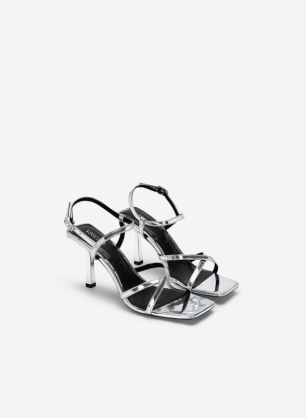 Giày sandal quai mảnh nhấn gót hiệu ứng metallic - SDN 0754 - Màu bạc - VASCARA