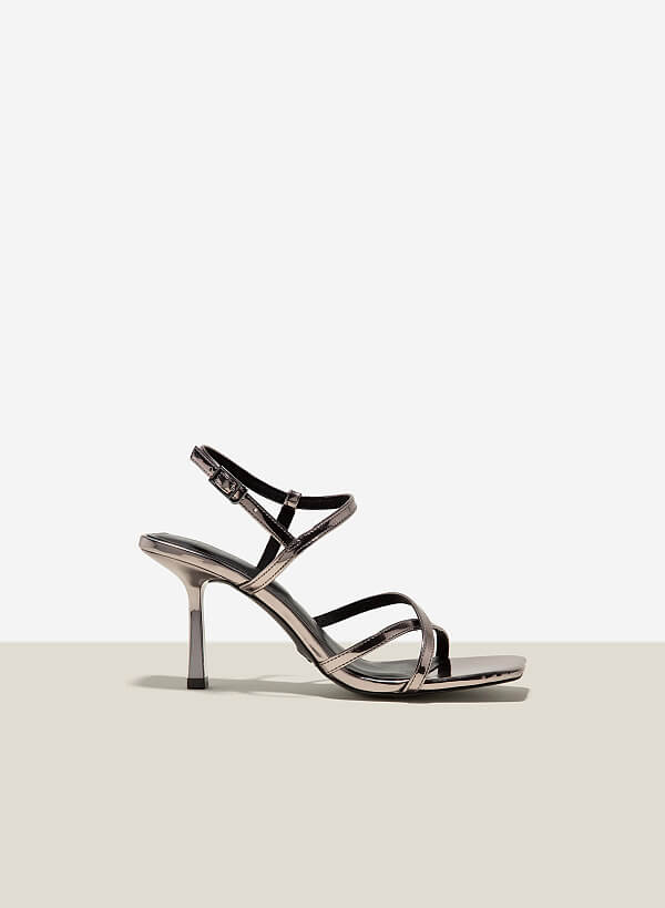 Giày Sandal Quai Mảnh Nhấn Gót Hiệu Ứng Metallic - SDN 0754 - Màu Xám Khói Đậm