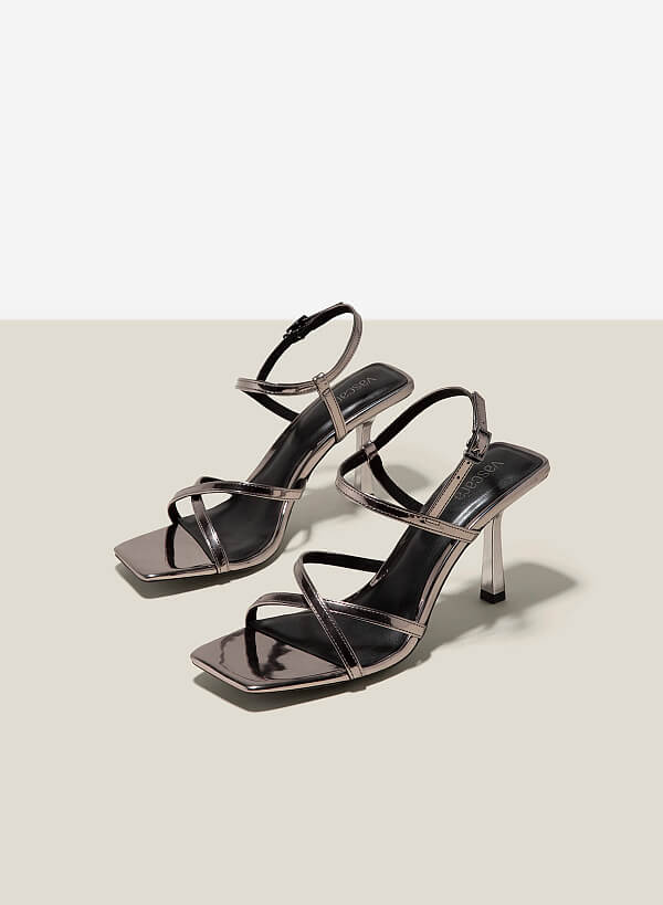 Giày sandal quai mảnh nhấn gót hiệu ứng metallic - SDN 0754 - Màu xám khói đậm - VASCARA