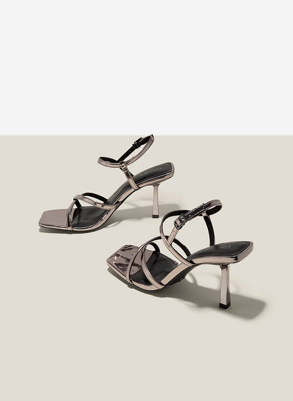 Giày sandal quai mảnh nhấn gót hiệu ứng metallic - SDN 0754 - Màu xám khói đậm - VASCARA