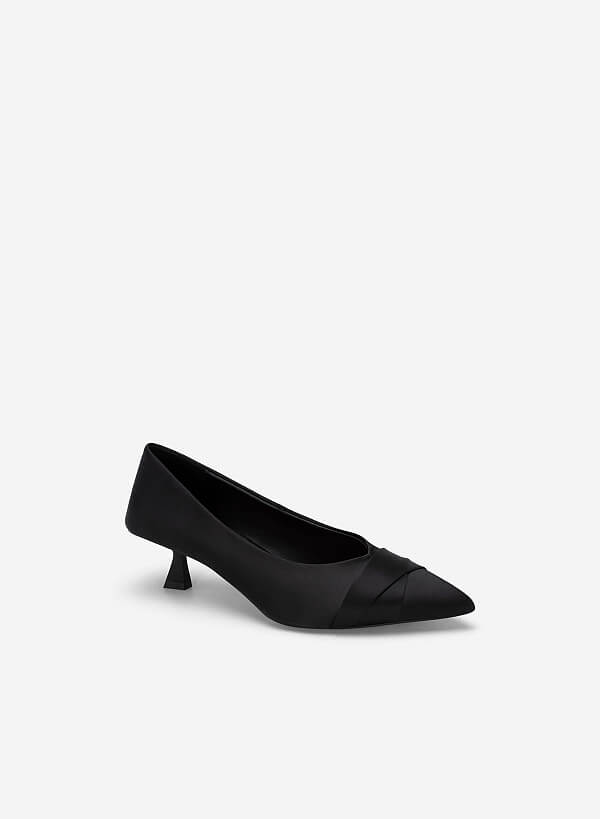 Giày spool heel satin nhấn mũi xếp ly - BMN 0604 - Màu đen - VASCARA