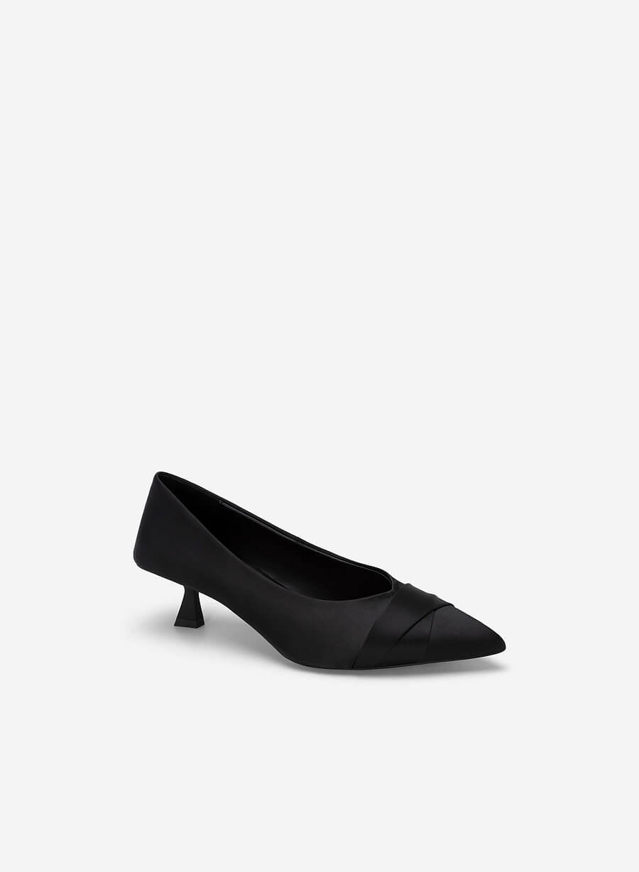 Giày Spool Heel Satin Nhấn Mũi Xếp Ly - BMN 0604 - Màu Đen - vascara.com