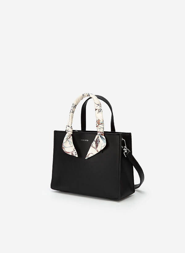 フローラル スカーフストラップ付ハンドバッグ - SAC 0317 - ブラック - VASCARA