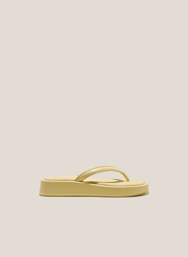 Canvas-Effect Platform Flip Flops - FLI 0192 - Light Yellow