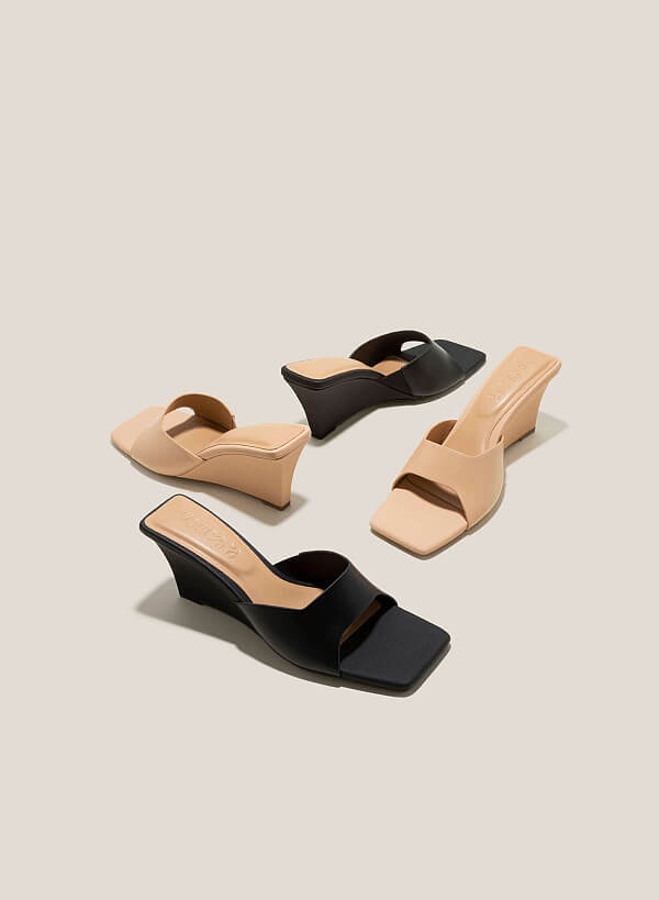 Canvas-Effect Wedge Heel Mules - WED 0056 - Black - VASCARA