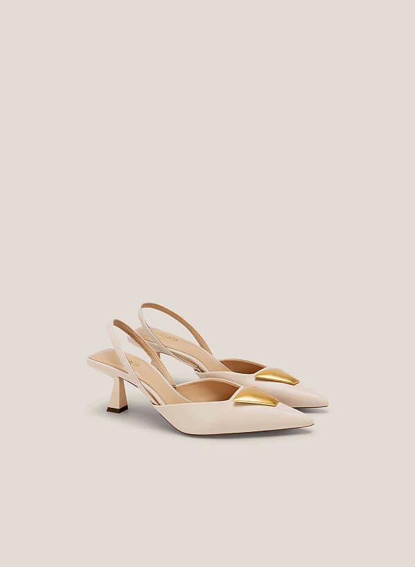 Metal Lock Décor Pointed-Toe Slingbacks - HIG 0568 - Cream | VASCARA