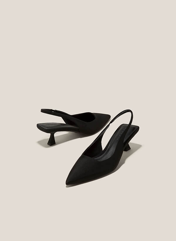 Striped Fabric Spool Heel Slingbacks - HIG 0606 - Black - VASCARA