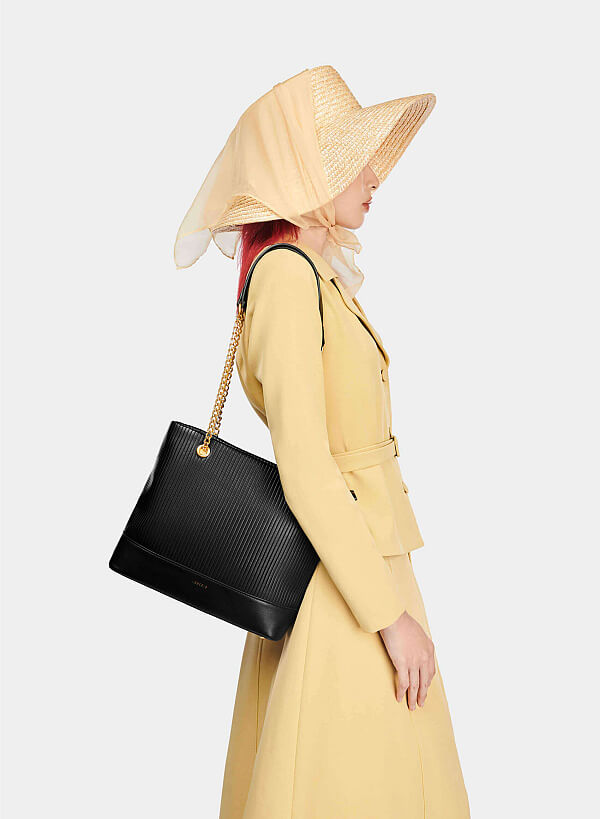 Chain Décor Handle Hobo Bag - TTE 0126 - Black - VASCARA