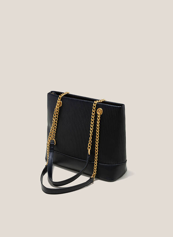 Chain Décor Handle Hobo Bag - TTE 0126 - Black - VASCARA