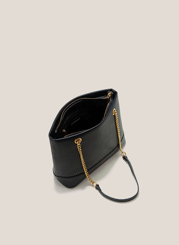 Chain Décor Handle Hobo Bag - TTE 0126 - Black - VASCARA