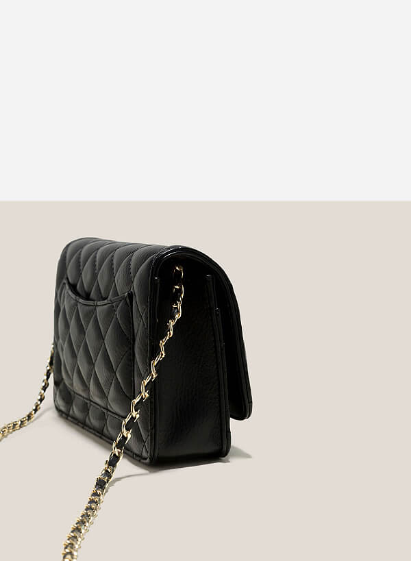 Chain Décor Quilted Handbag - MES 0221 - Black - VASCARA