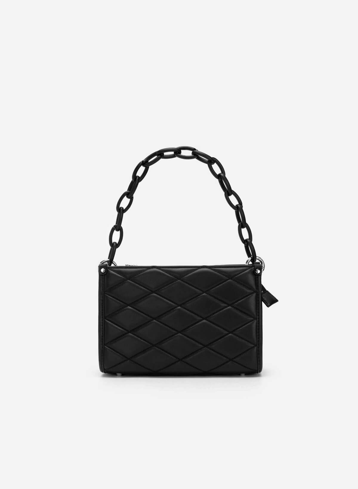 Chain Handle Diamond-Shaped Pattern Quilted Tote - TTE 0118 - Black - vascara.com