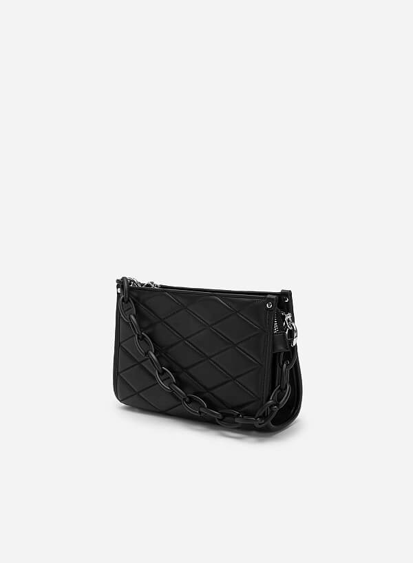 Chain Handle Diamond-Shaped Pattern Quilted Tote - TTE 0118 - Black - VASCARA