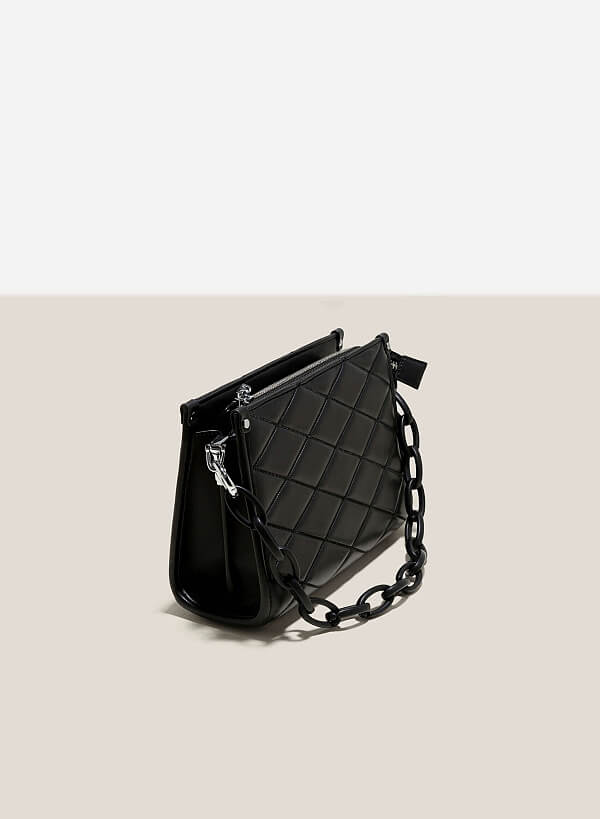 Chain Handle Diamond-Shaped Pattern Quilted Tote - TTE 0118 - Black - VASCARA