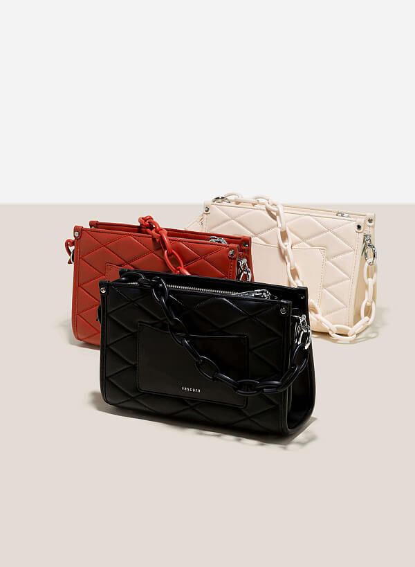 Chain Handle Diamond-Shaped Pattern Quilted Tote - TTE 0118 - Black - VASCARA