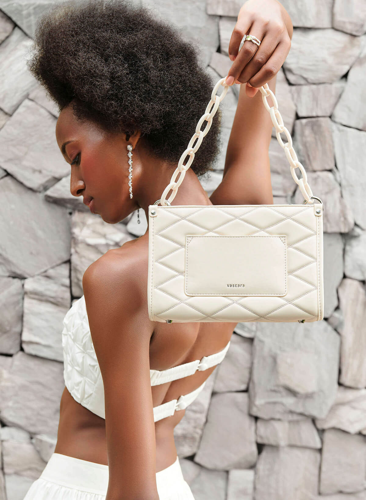 Chain Handle Diamond-Shaped Pattern Quilted Tote - TTE 0118 - Cream - vascara.com