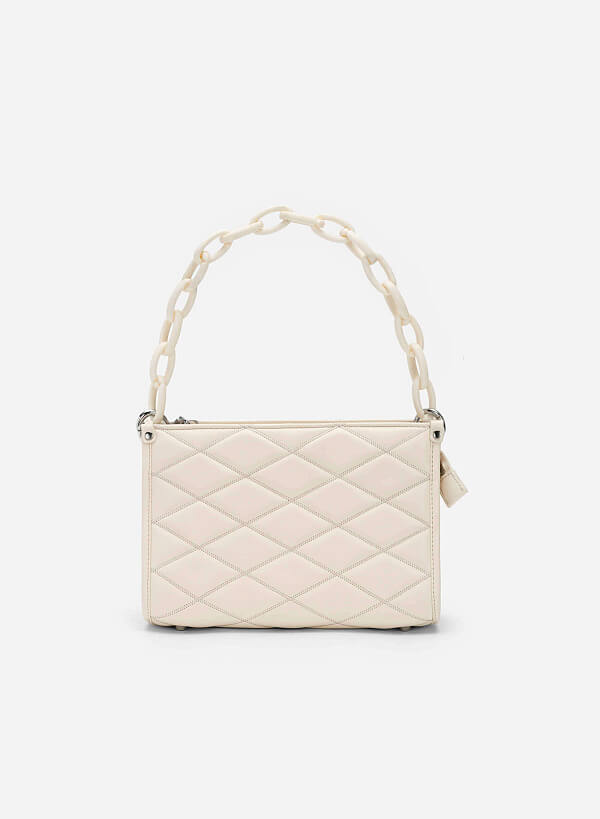 Chain Handle Diamond-Shaped Pattern Quilted Tote - TTE 0118 - Cream - VASCARA