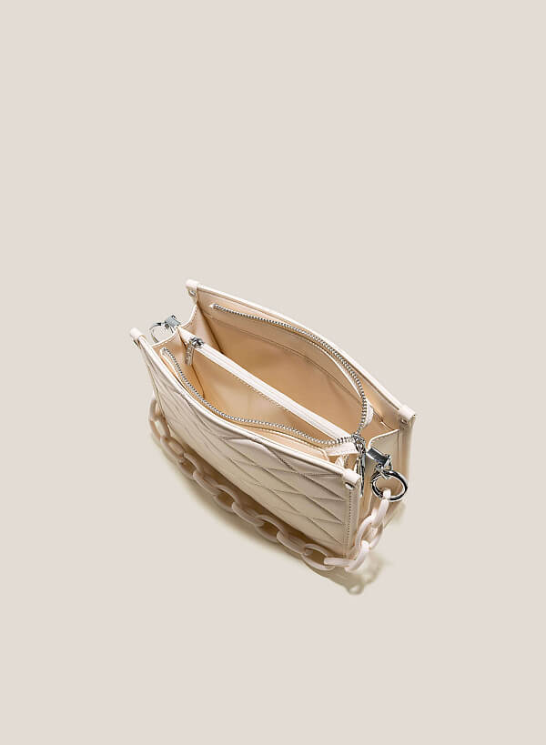 Chain Handle Diamond-Shaped Pattern Quilted Tote - TTE 0118 - Cream - VASCARA