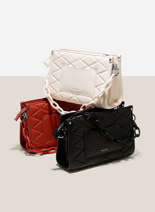 Chain Handle Diamond-Shaped Pattern Quilted Tote - TTE 0118 - Cream - VASCARA