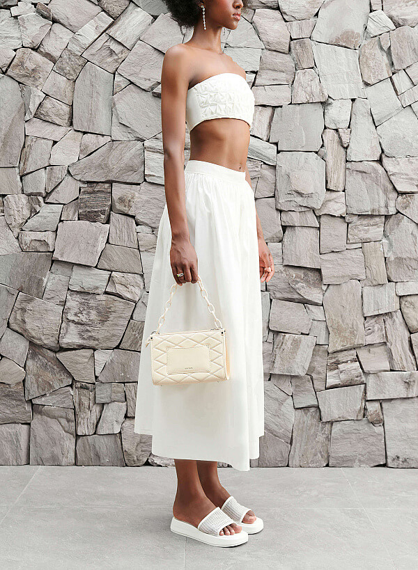 Chain Handle Diamond-Shaped Pattern Quilted Tote - TTE 0118 - Cream - VASCARA