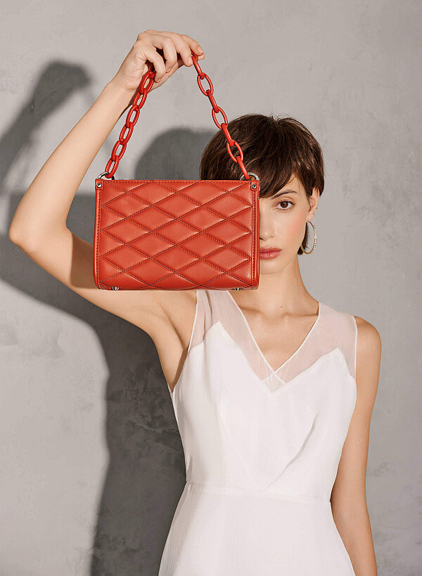 Chain Handle Diamond-Shaped Pattern Quilted Tote - TTE 0118 - Dark Orange
